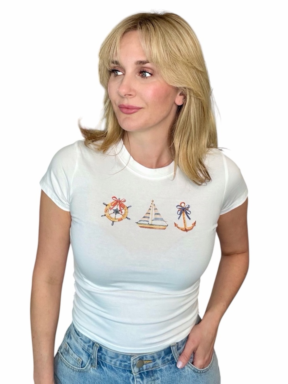 A355. White Nautical Graphic Slim Fit Women's Baby Tee - Picture 2 of 2